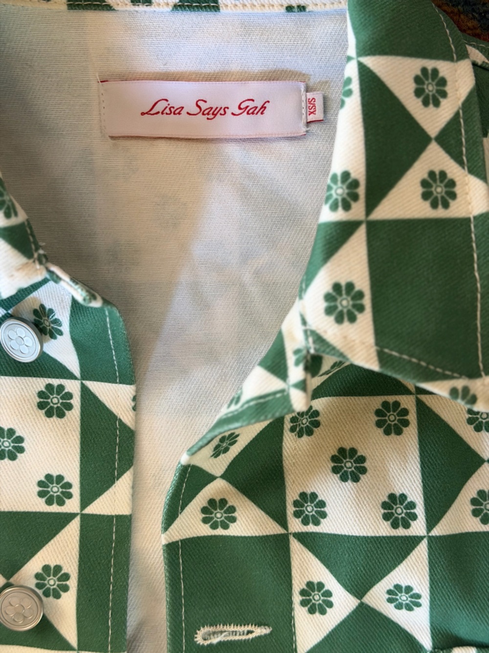 Lisa Says Gah Green and White Geometric Patchwork Jean Jacket - Picture 7 of 7